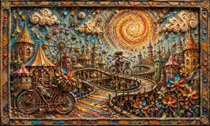 A joyful cyclist rides along a spiraling boardwalk through a whimsical carnival city of towers, tents, Ferris wheels, pinwheel flowers, and painted clouds. A radiant swirling sun fills the sky with energy and movement. Glued sawdust, thick paint, colorful fragments, and a handcrafted frame create playful three-dimensional texture.