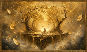 A solitary figure rests upon a floating golden island surrounded by twisted trees forming a radiant circular sanctuary. Dense mashed gold flakes drift through the mist like falling petals, while molten streams spill from the fractured earth. The scene reflects isolation, acceptance, and the fragile peace found after emotional surrender.