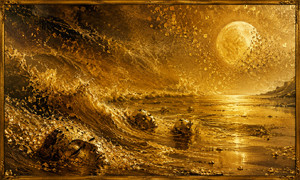 Golden waves roll beneath a dissolving moon, washing over cracked masks half-buried along an empty shoreline. Their closed eyes suggest forgotten identities, regret, and quiet resignation. Dark bronze shadows gradually brighten into luminous gold, creating a haunting dreamscape where painful memories are softened and carried away by the tide.