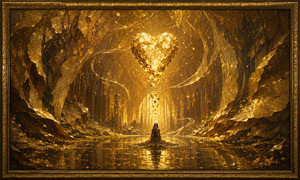 Inside a cathedral-like cavern of layered gold, a lone figure kneels beneath a suspended crystalline heart. The heart fractures into glowing flakes that descend toward the reflective water below. Sweeping metallic ribbons and towering leaf-shaped walls create a sacred atmosphere of vulnerability, forgiveness, heartbreak, and emotional release.