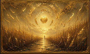 A narrow path crosses a field of dark golden reeds toward a floating orb surrounded by broken halo rings. A distant figure walks alone beneath drifting feathers and fragments of gold. The gradual transition from tarnished bronze to brilliant light symbolizes humility, detachment, reconciliation, and the search for peace beyond regret.