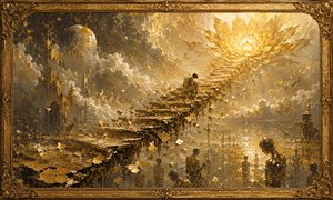 A shattered staircase rises through luminous clouds toward an enormous golden lotus. A weary figure sits upon the broken steps while fading silhouettes emerge from the mirrored world below. Dense gold flakes dissolve from the staircase into the surrounding air, expressing exhaustion, remorse, transcendence, and the difficult journey toward acceptance.