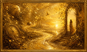 A winding river of molten gold leads toward a radiant horizon while a solitary woman stands beneath an ancient archway. A weathered clock, floating planets, drifting fragments, and a hidden face suggest memory, time, and emotional uncertainty. Dense mashed gold flakes create deep shadows, brilliant highlights, and a richly textured dreamscape.