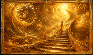 A lone figure climbs a sweeping golden staircase toward a brilliant celestial opening. Broken clocks, suspended pendulums, dissolving gears, and flowing ribbons of metallic light surround the ascent. The scene transforms waiting into movement, presenting time as something fragile and temporary within a dramatic world formed from antique, amber, and champagne gold.