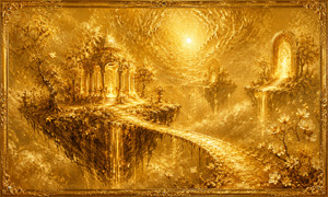 Floating islands, glowing temples, delicate bridges, and illuminated doorways form a peaceful golden sanctuary above swirling clouds. Cascading streams of light fall from the islands while blossoms and textured foliage frame the path forward. The composition suggests choices, hope, and transformation, created entirely from dense, shimmering layers of mashed gold flakes.