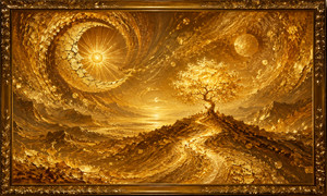 A luminous golden tree stands alone upon a rugged ridge beneath enormous swirling celestial forms. A fractured crescent, radiant sun, distant planet, and flowing path create a landscape caught between night and dawn. Thick layers of mashed gold produce dramatic movement, symbolizing endurance, emotional release, and the courage to continue forward.