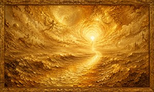 A vast ocean of textured gold waves moves toward a glowing portal on the horizon. A winding pathway of light divides the turbulent water while dreamlike faces, floating spheres, distant towers, and rising figures emerge from the swirling sky. The scene expresses longing, urgency, and hope through dense metallic textures and brilliant golden gradients.