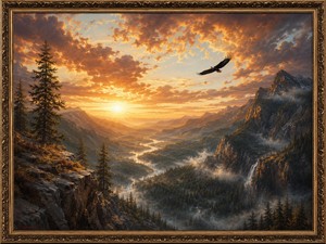 A lone eagle glides above a vast mountain valley illuminated by a brilliant golden sunrise. Pine-covered slopes, distant waterfalls, winding rivers, and drifting mist create extraordinary depth. The radiant sky symbolizes freedom, while the rugged cliffs below suggest the difficult journey required to finally break away and soar.