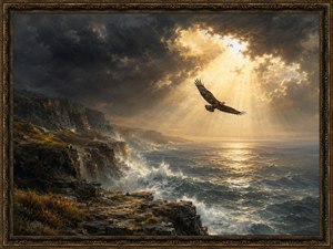 A powerful eagle flies through a shaft of golden sunlight above a storm-battered coastline. Dark clouds, crashing waves, rocky cliffs, and ocean spray create a turbulent atmosphere. The bird moves calmly toward the light, representing courage, independence, and the determination to escape uncertainty without surrendering to the storm.