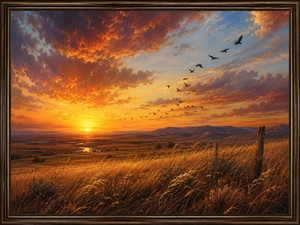 A flock of birds rises across a fiery sunset above open prairie land. Windswept grasses, distant hills, a winding river, and an old fence post create a quiet rural setting. The sweeping formation of birds suggests departure, companionship, and the irresistible pull of an open horizon filled with possibility.