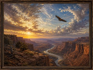 A majestic eagle circles above a monumental desert canyon as the setting sun ignites the clouds and red stone cliffs. Far below, a winding river cuts through the ancient landscape. The enormous scale of land and sky expresses restless freedom, endurance, and the desire to travel beyond every visible boundary.