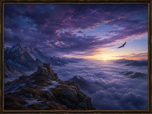 A solitary bird flies toward the fading light above a vast sea of clouds and jagged alpine peaks. Deep violet skies, snow-dusted rocks, and distant glowing horizons create a reflective, almost dreamlike atmosphere. The scene captures freedom mixed with solitude, leaving the familiar world behind for an unknown destination.