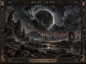 A dark cosmic landscape stretches beneath a vast newborn moon ringed with pale green and violet light. Jagged black rocks, distant arches, reflective water, and stormy clouds create a heavy psychedelic mood. Thick painterly textures and bronze detailing enhance the dramatic handcrafted scene, enclosed by an ornate lunar frame.