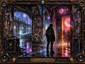 A solitary figure stands outside a glowing underground club beneath a rain soaked industrial railway, surrounded by peeling posters, mist, puddles, and surreal orbital lights. Electric violet, blue, and orange reflections create a tense nocturnal mood, while the ornate weathered metal frame gives the scene a handcrafted retro futuristic character.