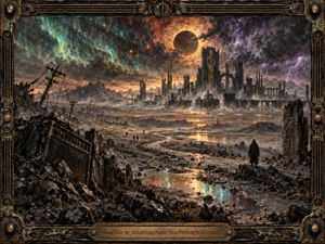 A lone traveler crosses a shattered wasteland toward a ruined cathedral city beneath a dark eclipse. Green auroras, violet lightning, smoke, and molten orange light fill the turbulent sky. Broken power lines, flooded rubble, skeletal towers, and scorched amplifier hardware create a bleak, apocalyptic atmosphere within an ornate industrial frame.