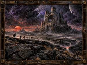 An immense ringed stone fortress rises above a black volcanic wasteland beneath turbulent violet clouds, distant moons, and a burning red horizon. Hooded travelers cross fractured rock toward the ruin through drifting mist and ravines. Dark charcoal, copper, and crimson tones create a foreboding psychedelic science fiction atmosphere, framed with ornate aged metalwork.