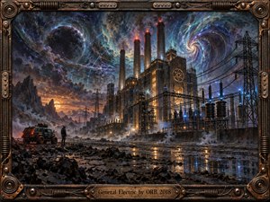 A colossal industrial power station rises beneath a turbulent cosmic sky, surrounded by transformers, pylons, steam, and reflective wasteland. Deep blues, violet nebulae, rusted metal, and amber lights create a psychedelic, ominous mood. A lone figure and rugged vehicle emphasize scale within the richly textured, steampunk-inspired scene.