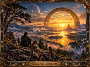 A solitary traveler and dog overlook a vast misty valley glowing beneath a monumental golden arch. Rivers, waterfalls, distant mountains, futuristic towers, and twin moons create a dreamlike world of wonder and solitude. Warm sunset gold contrasts with cool blue shadows, framed by ornate bronze steampunk detailing.