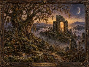 An ancient twisted tree overlooks misty stone ruins beneath a crescent moon, creating a mysterious, dreamlike landscape. Warm amber light glows through a weathered portal, contrasting with cool violet skies, mossy rocks, and shadowed hills. Rich painterly textures, carved stones, reflective water, and an ornate wooden frame deepen the mystical atmosphere.