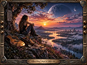 A lone woman sits on a rocky overlook beside an acoustic guitar, gazing across a winding river, distant city, and layered mountains beneath a vast planetary sky. Warm sunset oranges contrast with cool blues and violet mist, while ornate metallic framing, flowers, rugged textures, and dramatic light create a reflective, yearning atmosphere.