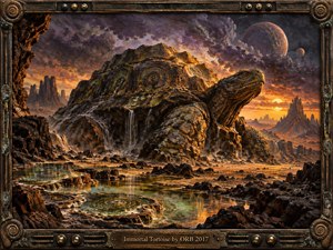 A colossal ancient tortoise rises from a rugged alien landscape of volcanic rock, turquoise pools, and misty waterfalls beneath a turbulent purple and orange sky. Warm sunset light catches its weathered stone shell and spiral markings, while distant cliffs and twin moons deepen the mysterious, timeless atmosphere of the richly textured fantasy painting.