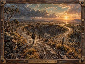 A lone traveler follows a rugged forked road through a storm-darkened gorge toward a glowing sunset over distant plains and water. Warm gold and earthy browns contrast with heavy gray clouds, creating a reflective, fateful mood. Detailed painterly textures, weathered timber, metal fittings, and guitar-inspired framing deepen the handcrafted atmosphere.