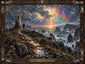 A solitary figure stands on a storm-battered cliff beside a weathered stone marker, facing a turbulent sea beneath a luminous rainbow breaking through dark clouds. Rugged rocks, reflective pools, sea arches, and glowing horizon light create a mysterious, hopeful mood within a richly textured, handcrafted fantasy landscape framed in aged metal.