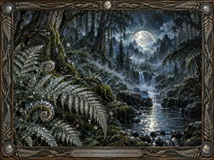 A moonlit silverfern forest surrounds a reflective stream beneath jagged mountains and a glowing celestial sky. Metallic fern fronds, mossy trunks, waterfalls, and mist create a mysterious dreamlike mood in deep greens, silver, blue, and black. An ornate botanical metal frame reinforces the handcrafted fantasy atmosphere.