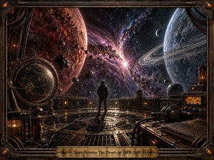 A lone figure stands inside a brass and iron observatory, facing a vast cosmic divide between a fiery red planet and a cold blue ringed world. Purple nebulae, drifting asteroids, glowing instruments, and reflective metal floors create a mysterious retro-futurist atmosphere filled with isolation, wonder, tension, and immense celestial scale.