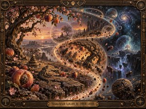 A surreal stonefruit orchard stretches into a cosmic wilderness, where glowing peaches, flowering branches, fractured cliffs, floating planets, and spiraling galaxies follow a luminous S-shaped path. Warm amber sunset light merges with deep blue starlight, creating a mysterious psychedelic mood within a richly textured, handcrafted fantasy painting framed in ornate bronze.
