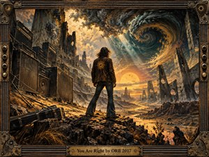A lone long-haired figure stands on a rocky ridge facing a blazing sun beneath swirling storm clouds. Towering amplifiers, ruined stone arches, and a glowing river shape a surreal 1970s rock landscape. Warm gold, black, and teal tones, dramatic light, and textured painterly detail create an ominous, psychedelic mood.