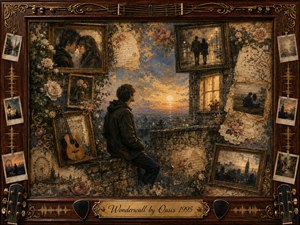 A solitary young man sits on a weathered stone wall, gazing toward a glowing sunset cityscape surrounded by faded romantic memories. Vintage rosewood frames, roses, an acoustic guitar, photographs, and aged papers form a nostalgic collage. Warm gold, sepia, blue-gray, and muted green tones create a tender, wistful atmosphere.