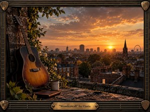 A weathered acoustic guitar rests against a vine-covered rooftop wall overlooking a glowing city at sunset. Warm amber light, deep brick tones, and smoky blue shadows create nostalgic intimacy. Chimneys, a church spire, and distant wheel enrich the skyline, while a rugged guitar-string frame and brass title plate complete the handcrafted composition.