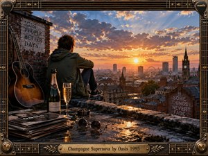 A solitary figure sits on a rain-darkened rooftop overlooking a glowing industrial city at sunset, surrounded by an acoustic guitar, champagne, records, and sunglasses. Warm gold light breaks through blue-gray clouds, creating a nostalgic, reflective mood. The richly textured, cinematic realism is enclosed by an ornate guitar-inspired metal frame.