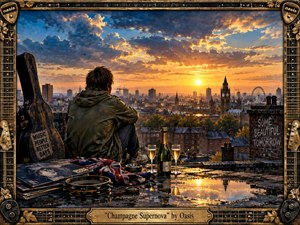 A solitary figure in a weathered parka overlooks a glowing city sunset from a rain-slick rooftop, surrounded by a guitar case, records, champagne, tambourine, and a Union Jack scarf. Warm gold light contrasts with deep blue clouds, creating a nostalgic, dreamlike Britpop mood within an ornate guitar-inspired frame.