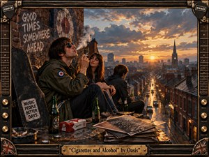 A cinematic rooftop scene captures three young friends overlooking a rain-slicked industrial city at sunset, surrounded by bottles, cigarettes, records, and a battered guitar case. Warm amber light contrasts with stormy blue-gray clouds, creating a rebellious, restless mood. A richly weathered guitar-themed frame reinforces the gritty 1990s Britpop atmosphere.
