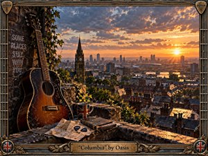 A weathered acoustic guitar rests on a rooftop overlook above a sprawling city glowing at sunset. Warm amber light cuts through dramatic blue-gray clouds, illuminating brick rooftops, a clock tower, river, bridges, papers, books, and a Union Jack mug. The richly textured, cinematic painting feels nostalgic, expansive, and quietly triumphant.