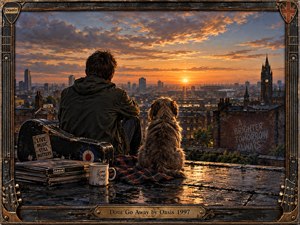 A solitary man and shaggy dog sit on a rain-slick rooftop overlooking a glowing industrial city at sunset. Warm amber light breaks through blue-gray clouds, reflecting across wet stone. A battered guitar case, records, mug, and tartan blanket deepen the nostalgic mood, framed by weathered guitar-inspired metalwork and brass.