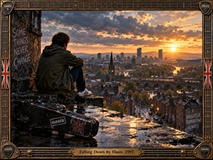 A solitary figure sits on a rain-darkened rooftop overlooking a sprawling British city at sunset, creating a reflective, melancholic mood. Warm gold light breaks through heavy clouds, contrasting with wet brick, steel, and shadow. A battered guitar case, graffiti, distant trains, and an ornate guitar-string frame deepen the gritty, handcrafted atmosphere.