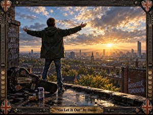 A solitary figure stands on a rain-darkened rooftop overlooking a sprawling city at sunrise, arms opened toward glowing clouds and radiant golden light. Rich painterly realism, weathered brick, reflective puddles, a battered guitar case, graffiti, and a guitar-inspired frame create a defiant, hopeful Britpop atmosphere filled with release and renewal.