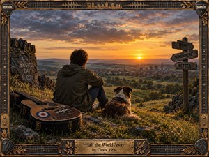 A solitary young man and his dog overlook a distant town from a rugged hillside at sunset, evoking longing, escape, and quiet reflection. Warm gold light contrasts with deep blue-gray clouds, while a weathered guitar case, stone walls, and signpost enrich the nostalgic, cinematic composition within an ornate guitar-inspired frame.