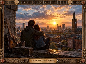 A young couple sits close together above a sprawling city at sunset, surrounded by warm amber light and dramatic clouds. An acoustic guitar, worn music case, and urban graffiti deepen the nostalgic mood. Rich bronze framing, vintage rock details, and glowing architecture create a romantic, cinematic tribute to hope, connection, and enduring love.