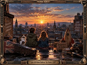 Two children and a small dog sit on a rain-slick rooftop overlooking a sprawling city at sunset. Warm orange light breaks through blue-gray clouds, reflecting across wet bricks and nostalgic objects. A weathered guitar case, handmade rocket, lantern, books, and aviation gear create a wistful, cinematic atmosphere of youthful imagination.
