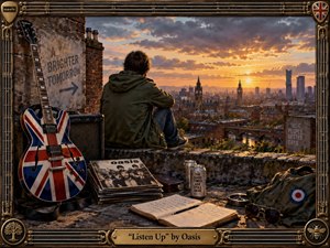 A lone figure in an olive parka overlooks a glowing Manchester-inspired skyline at sunset, surrounded by a Union Jack guitar, amplifier, records, journal, and weathered rooftop objects. Warm golds, smoky blues, brick reds, and dramatic clouds create a reflective Britpop mood, framed with ornate guitar-string metalwork and a polished title plate.