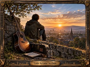 A solitary young man sits on a mossy stone overlook beside a worn acoustic guitar, gazing toward a glowing city at sunset. Warm amber light, deep greens, weathered textures, and distant architecture create a reflective, hopeful mood. An ornate guitar-inspired frame and engraved title plate give the image a handcrafted, nostalgic finish.