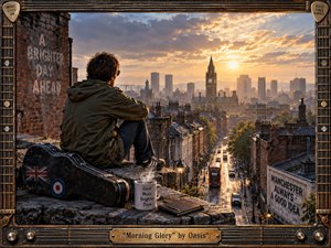 A lone young man sits on a weathered Manchester rooftop beside a battered guitar case, steaming mug, and notebook, gazing toward a sunlit city skyline. Warm gold light breaks through heavy clouds, reflecting on wet streets below. The cinematic, painterly realism blends gritty brick textures, nostalgic details, and hopeful morning atmosphere.
