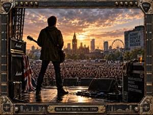 A lone guitarist stands on a rain-slicked stage before a massive Manchester crowd, silhouetted against a blazing golden sunset. Gritty amplifier stacks, cables, road cases, and a Union Jack reinforce the raw rock atmosphere, while the dramatic skyline, glowing reflections, weathered frame, and engraved title plate create a triumphant, cinematic sense of ambition.