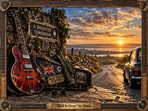 A weathered red guitar and battered case rest beside a stone wall overlooking a winding coastal road at sunset. Golden light floods the distant city and water, creating a reflective, hopeful mood. Vintage rock details, deep blues, warm amber tones, textured surfaces, and an ornate instrument-inspired frame give the scene cinematic character.