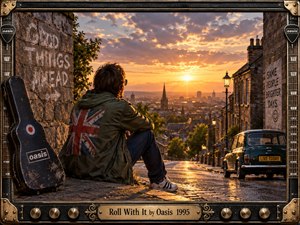 A lone young man in a Union Jack parka sits beside a worn guitar case, overlooking a rain-slicked British city at sunset. Warm amber light floods the street, contrasting with cool stone and deep shadows. The cinematic, painterly realism evokes defiance, optimism, and restless 1990s Britpop energy.