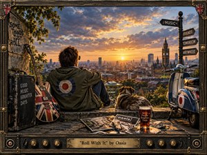A young man in a mod-style parka sits beside his dog, guitar, records, and scooter, overlooking a glowing city at sunset. Warm gold and amber light contrasts with cool blue-gray clouds and weathered textures. The cinematic, handcrafted scene blends nostalgic Britpop attitude, urban detail, relaxed defiance, and an ornate amplifier-inspired frame.